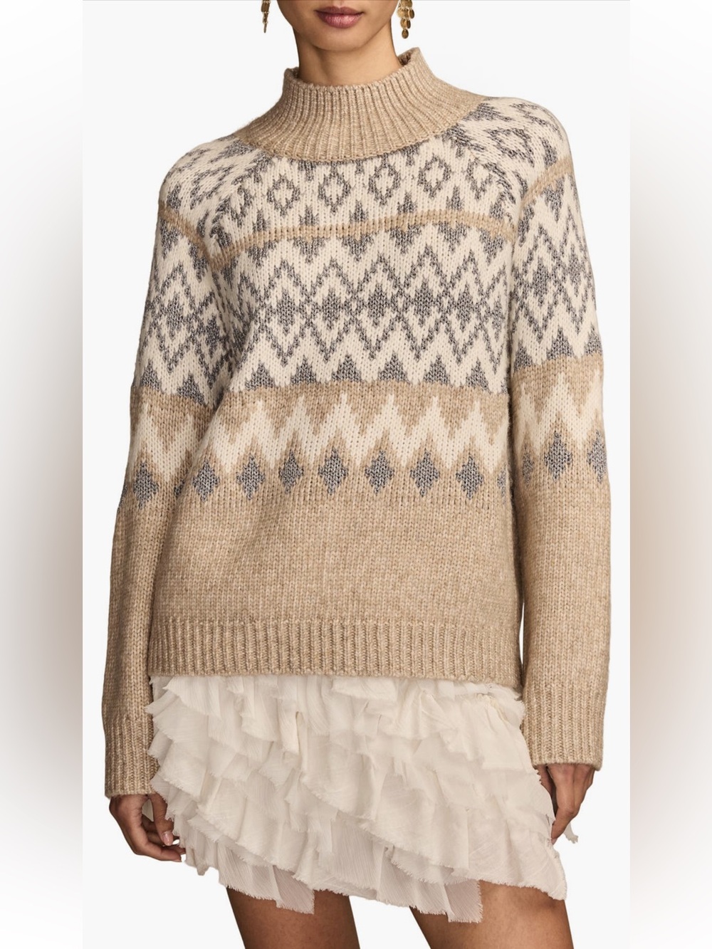 Lucky Brand Fair Isle Mock Neck Sweater Medium Tan cream medium NWT